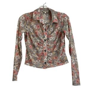 Meraki Pastel Floral Sheer Cropped LS Blouse Size Medium Y2K 80s 90s Festival